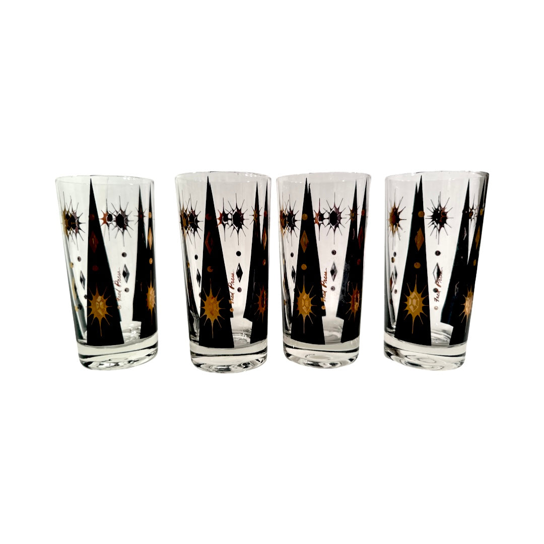 Fred Press Signed Mid-Century Black Atomic Burst Highball Glasses (Set of 4)