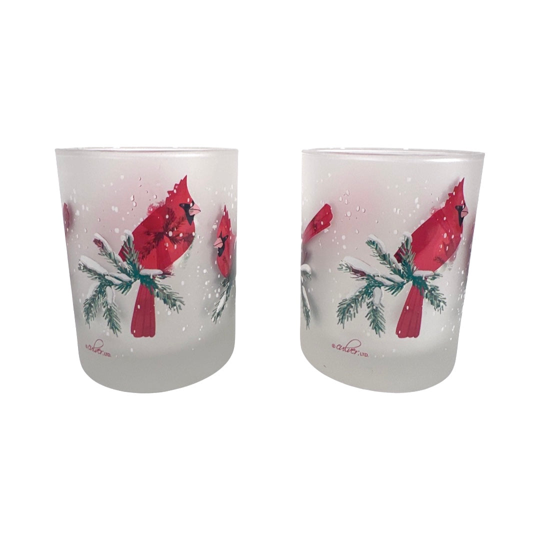 Culver Signed Mid-Century Winter Cardinal Double Old Fashion Glasses (Set of 2)