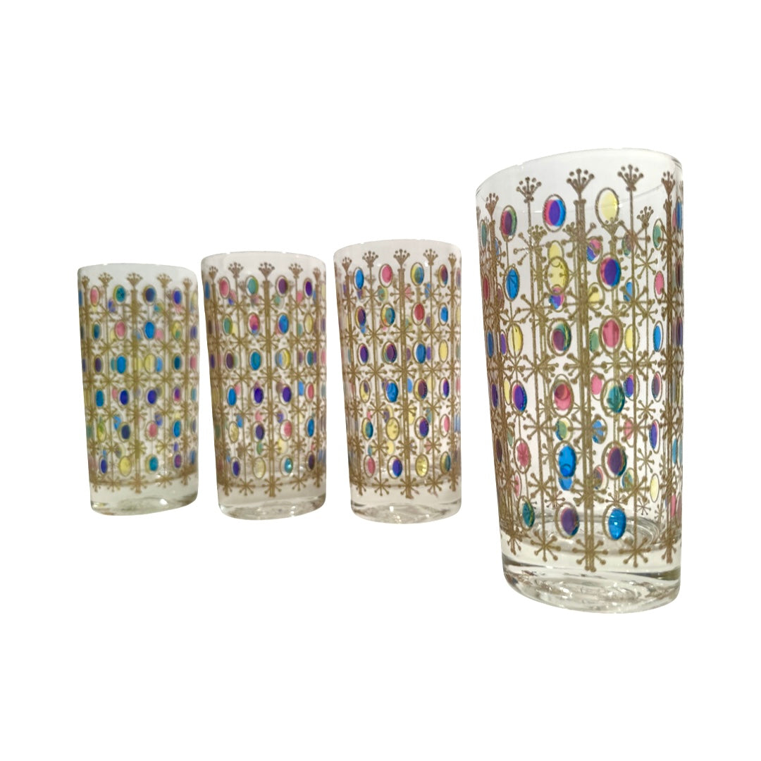 Vintage Atomic Star Jewel Tone Oval Glasses (Set of 4)