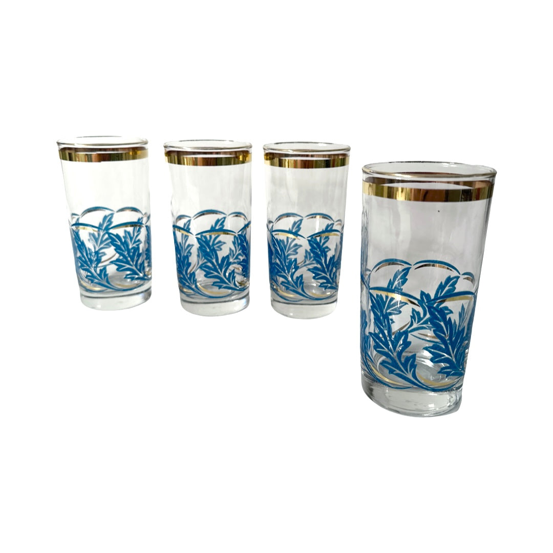 Libbey Mid-Century Blue and Gold Falling Leaves Glasses (Set of 4)