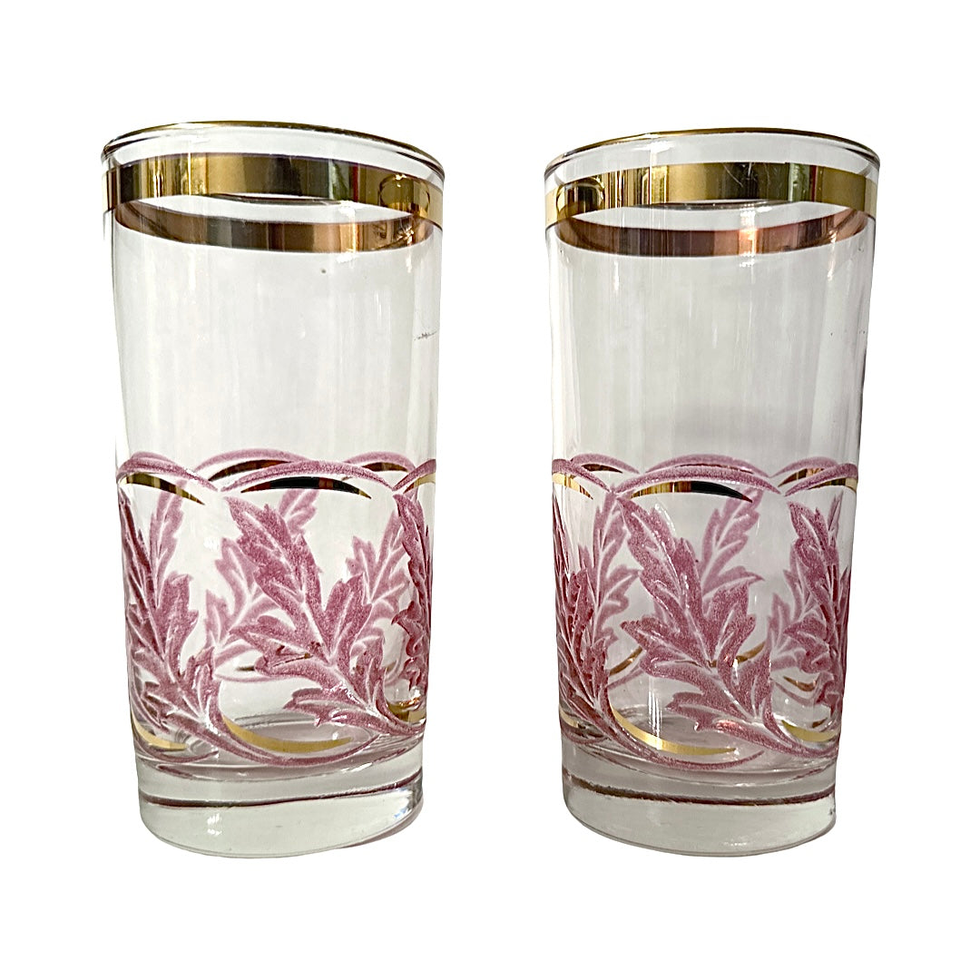 Libbey Mid-Century Pink and Gold Falling Leaves Glasses (Set of 2)