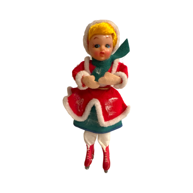 Mid-Century Christmas Felt Cloth Skater Girl Doll