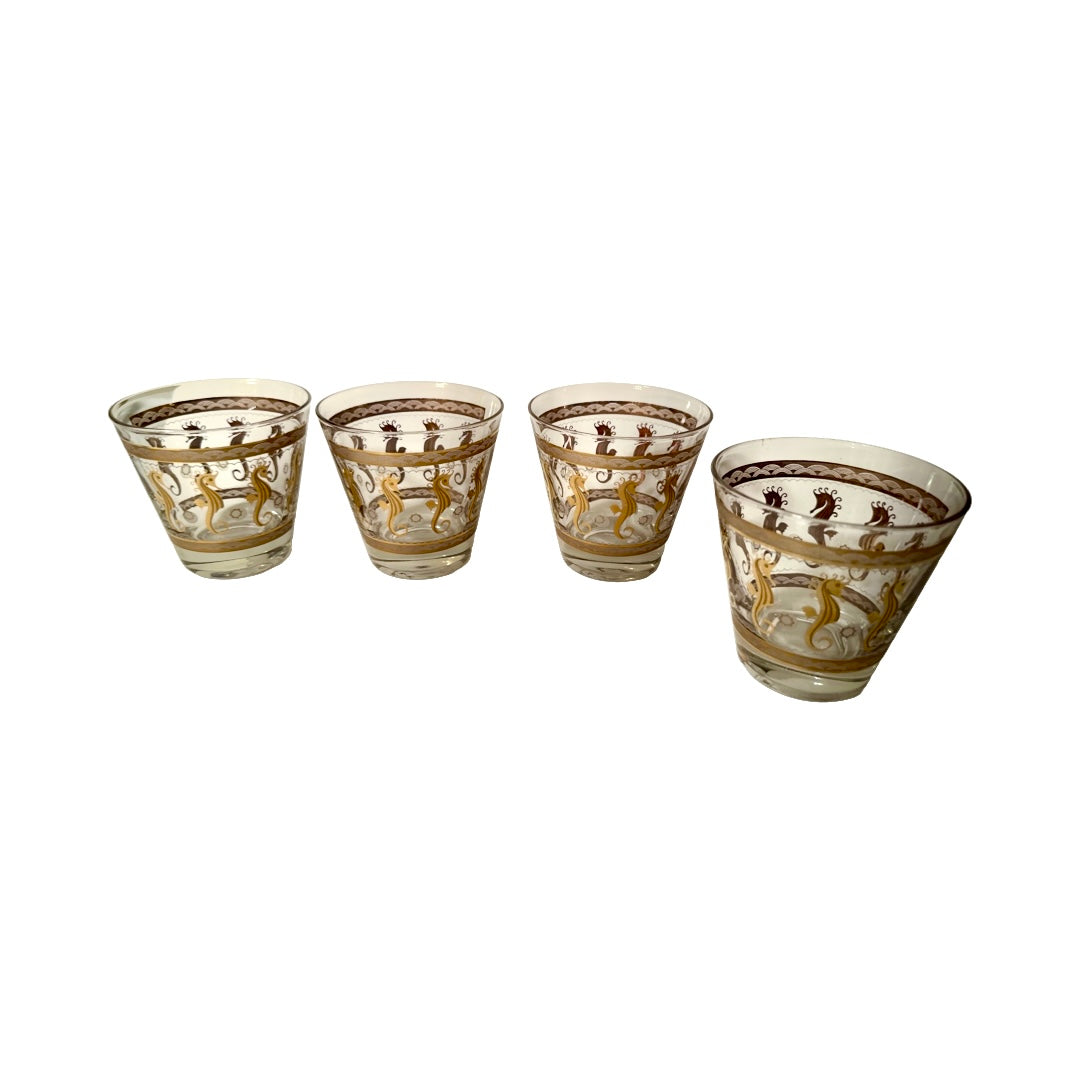Fred Press Signed Mid-Century 22-Karat Gold Seahorse Old Fashion Glasses (Set of 4)