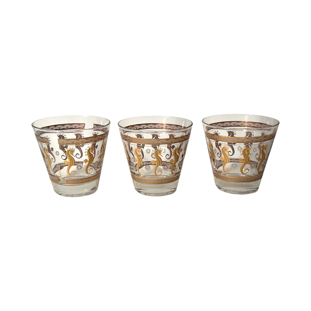 Fred Press Signed Mid-Century 22-Karat Gold Seahorse Old Fashion Glasses (Set of 3)