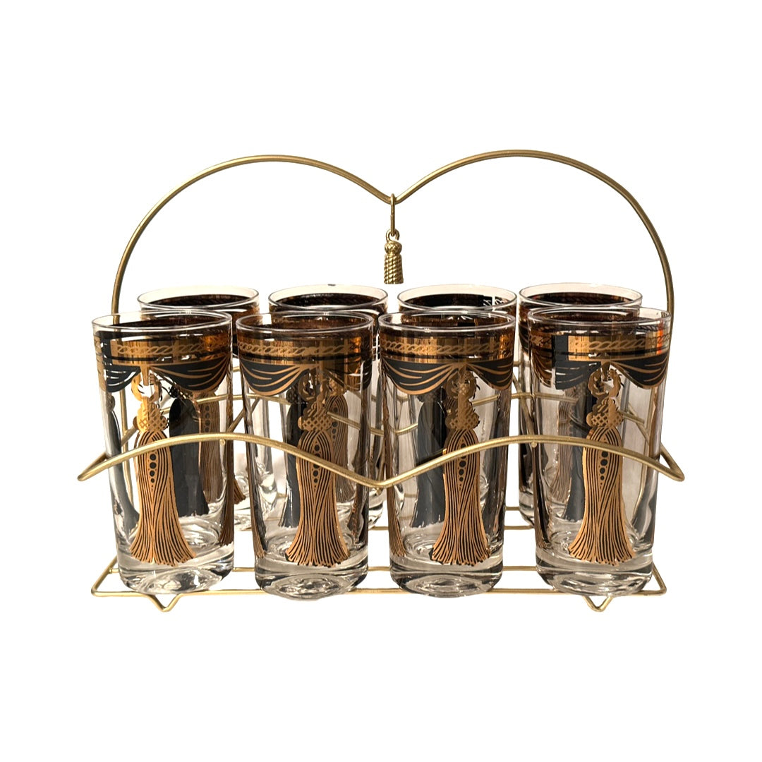 Fred Press Signed Mid-Century Black Gold Tassel Curtain Call Glasses (Set of 8 with Carrier)