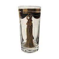 Load image into Gallery viewer, Fred Press Signed Mid-Century Black Gold Tassel Curtain Call Glasses (Set of 8 with Carrier)
