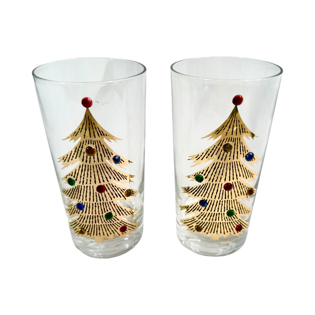 Culver Signed Mid-Century Jeweled Christmas Tree Highball Glasses (Set of 2)