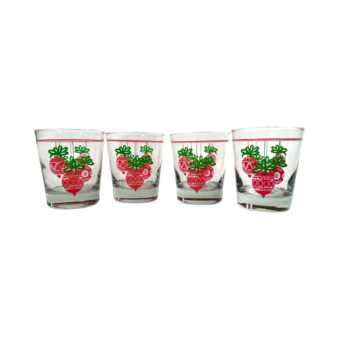 Vintage Red and Green Holiday Ornament Double Old Fashion Glasses (Set of 4)