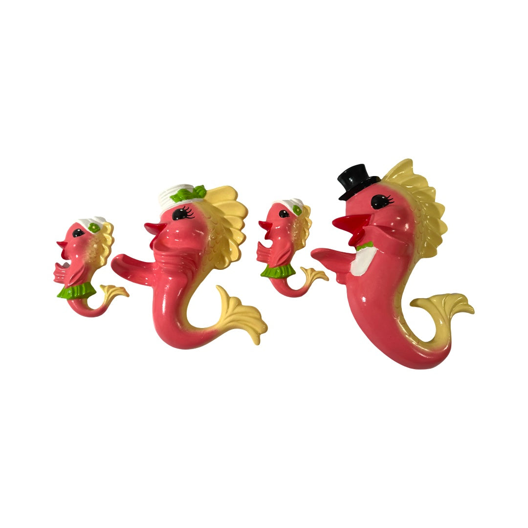Vintage Chalkware Anthropomorphic Fish Family Wall Plaques (4 Piece Set)