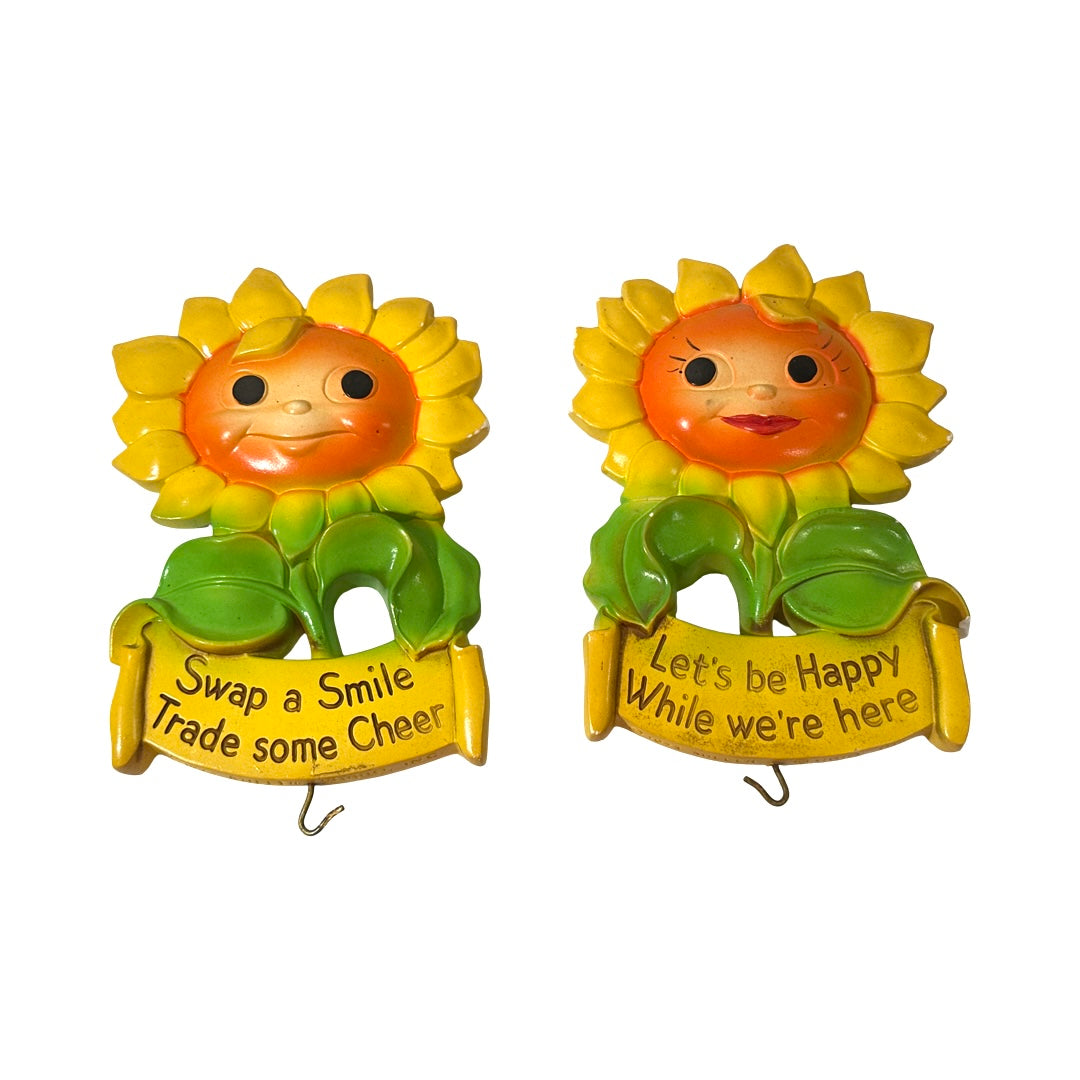 Vintage 1973 Miller Studio Anthropomorphic Sunflower Wall Plaques (Set of 2)