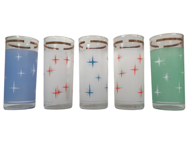 Bartlett Collins Mid-Century Colorful Atomic North Star Tall Collins Glasses (Set of 5)
