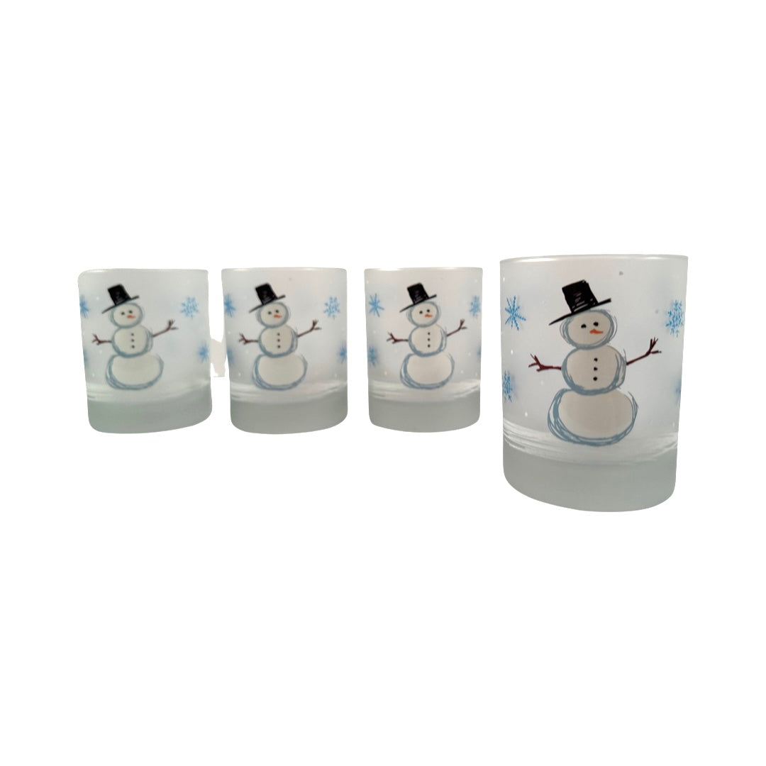 Culver Signed Mid-Century Holiday Snowman Double Old Fashion Glasses (Set of 4)