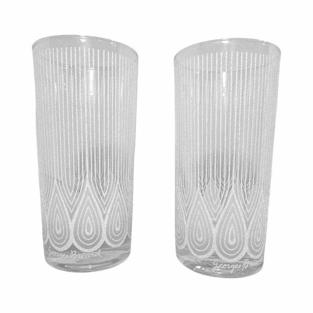 Georges Briard Signed Mid-Century White Textured Peacock Glasses (Set of 2)