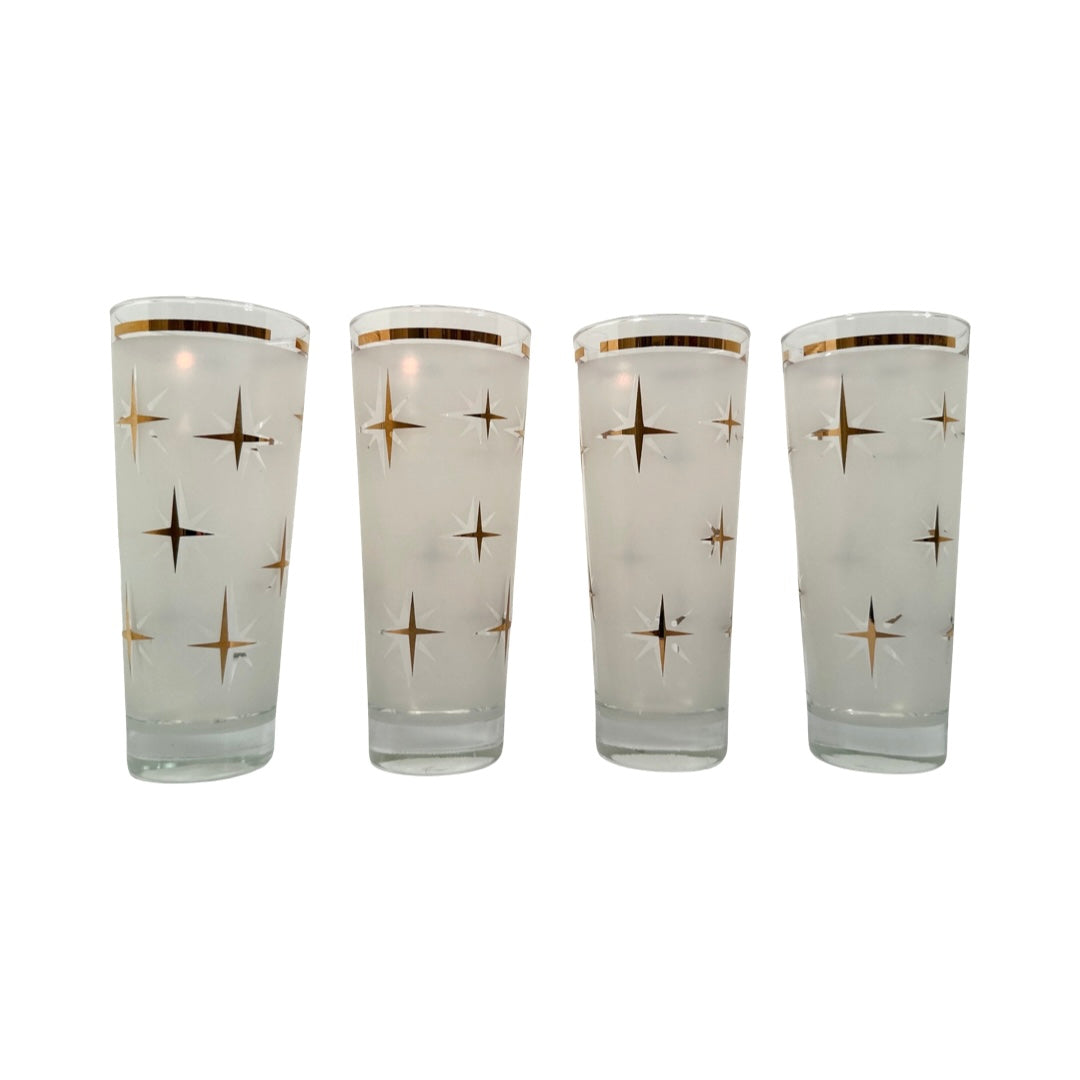 Bartlett Collins Mid-Century White Frosted Atomic North Star Tall Collins Cocktail Glasses (Set of 4)