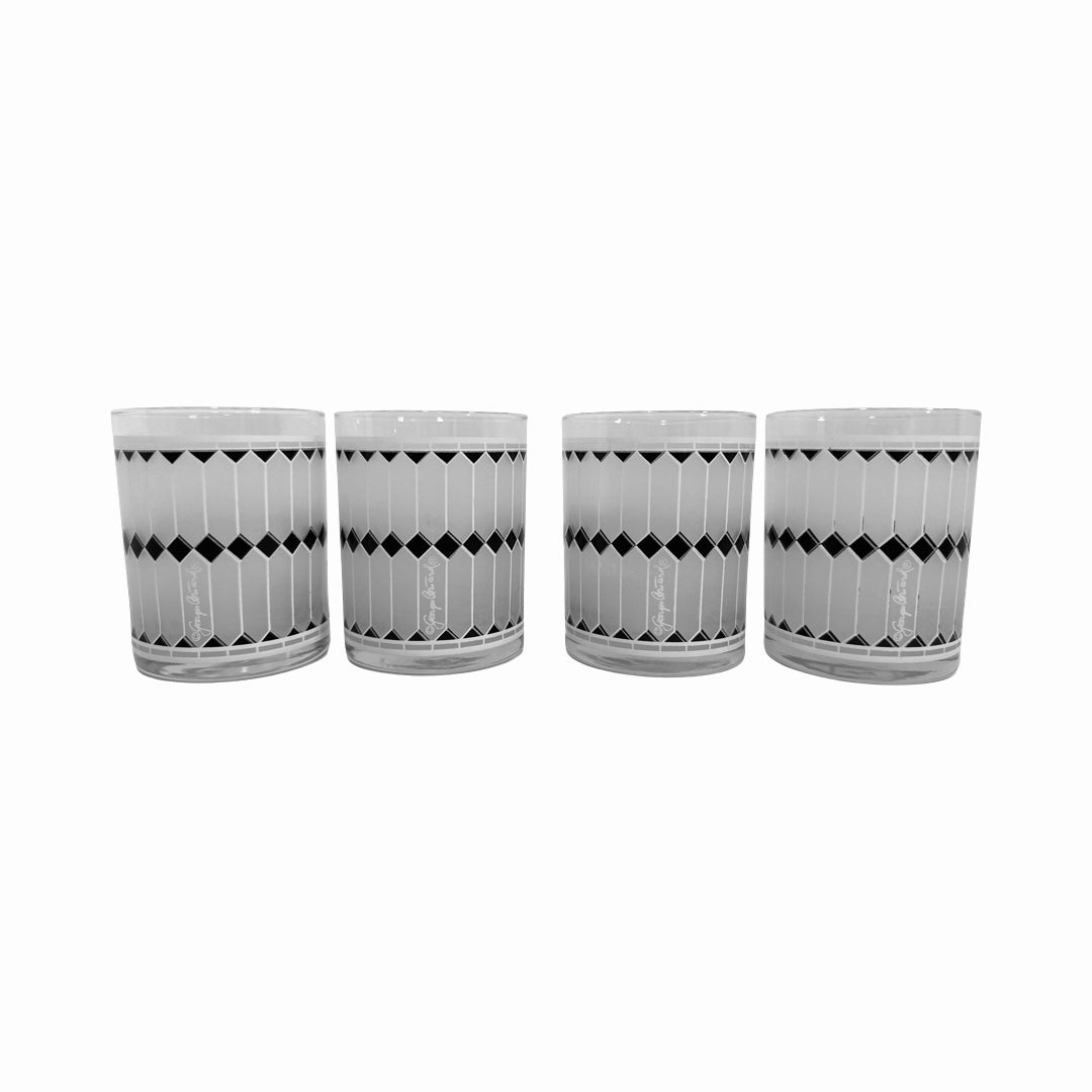 Georges Briard Signed Mid-Century Black and White Geometric Double Old Fashion Glasses (Set of 4)