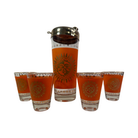 Load image into Gallery viewer, Jeannette Glass Aztec Orange &amp; 22-Karat Gold Sunburst Shaker and Glasses (Set of 6)
