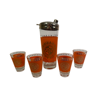 Load image into Gallery viewer, Jeannette Glass Aztec Orange &amp; 22-Karat Gold Sunburst Shaker and Glasses (Set of 6)
