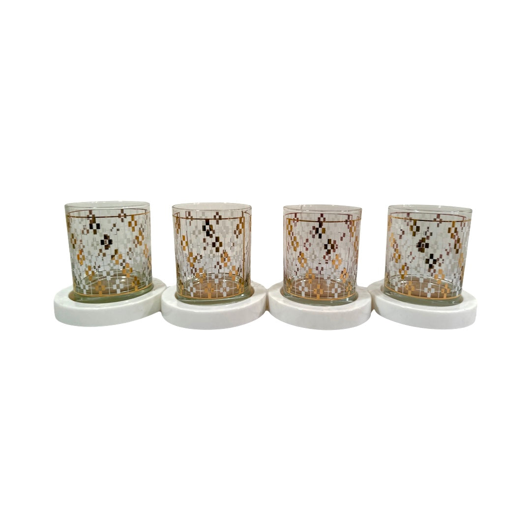 Georges Briard Signed Mid-Century Gold and White Asterisk Double Old Fashion 8 Piece Cocktail Set