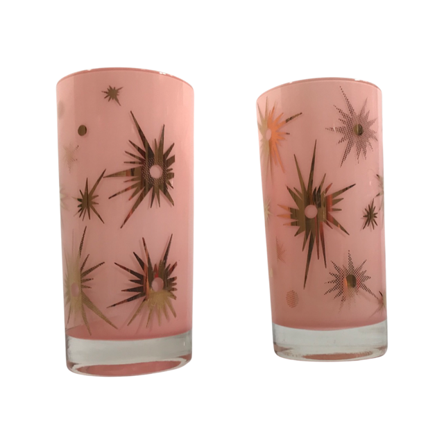 Federal Glass Mid-Century Pink Atomic & 22-Karat Gold Star Glasses (Set of 2)