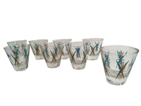 Load image into Gallery viewer, Federal Glass Inca Atomic Turquoise and 22-Karat Gold Starburst Jigger/Shot Glasses (Set of 8)
