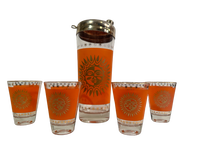 Load image into Gallery viewer, Jeannette Glass Aztec Orange &amp; 22-Karat Gold Sunburst Shaker and Glasses (Set of 6)
