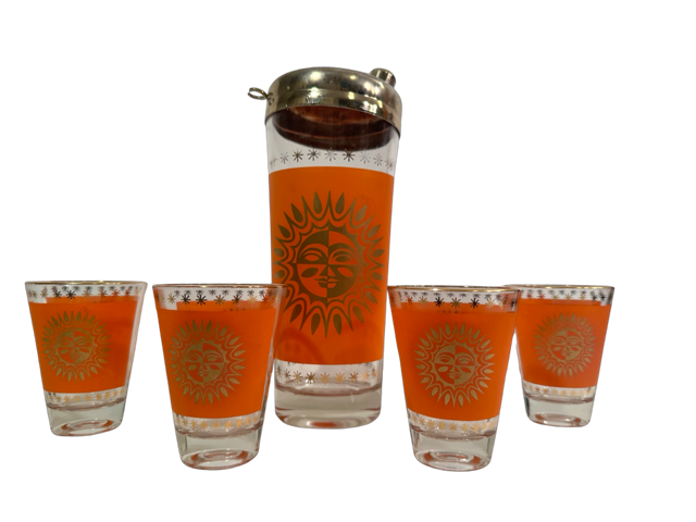 Jeannette Glass Aztec Orange & 22-Karat Gold Sunburst Shaker and Glasses (Set of 6)