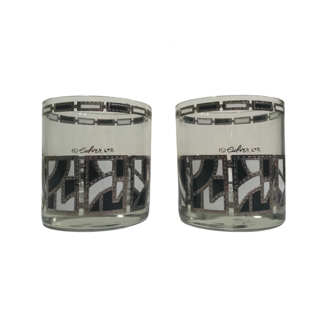 Culver Signed Black White and Silver Abstract Glasses (Set of 2)