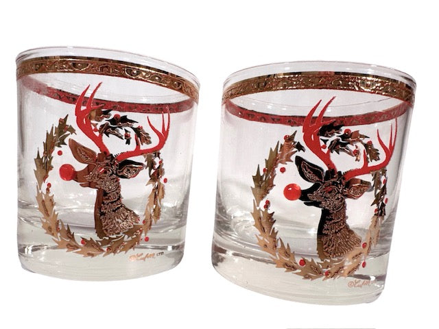 Culver Signed Mid-Century Rudolph The Red Nose Reindeer Old Fashion Glasses (Set of 2)