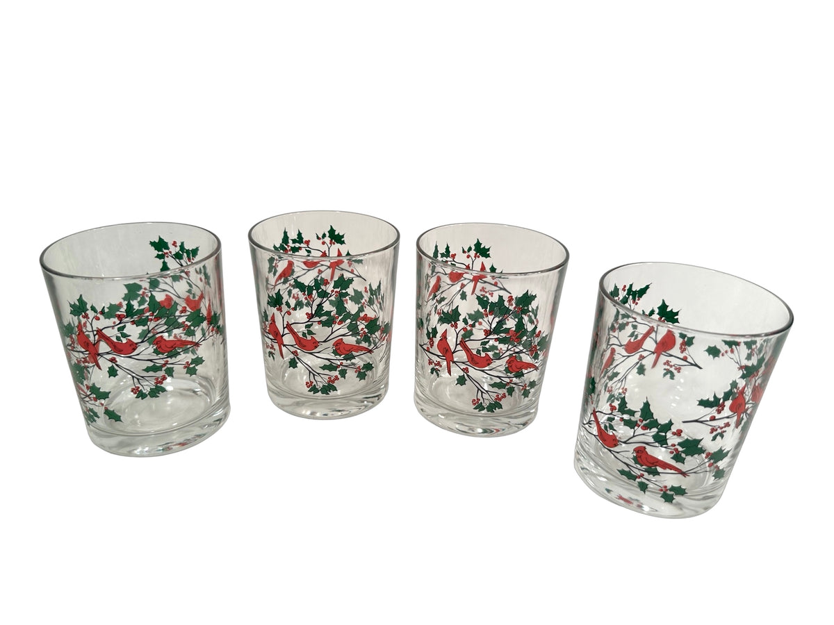 Mid-Century Red Cardinal Double Old Fashion Glasses (Set of 4)