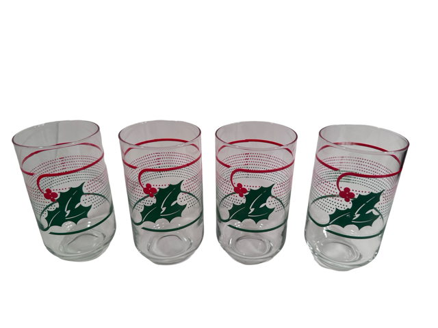 Vintage Red and Green Holly Glasses (Set of 4)