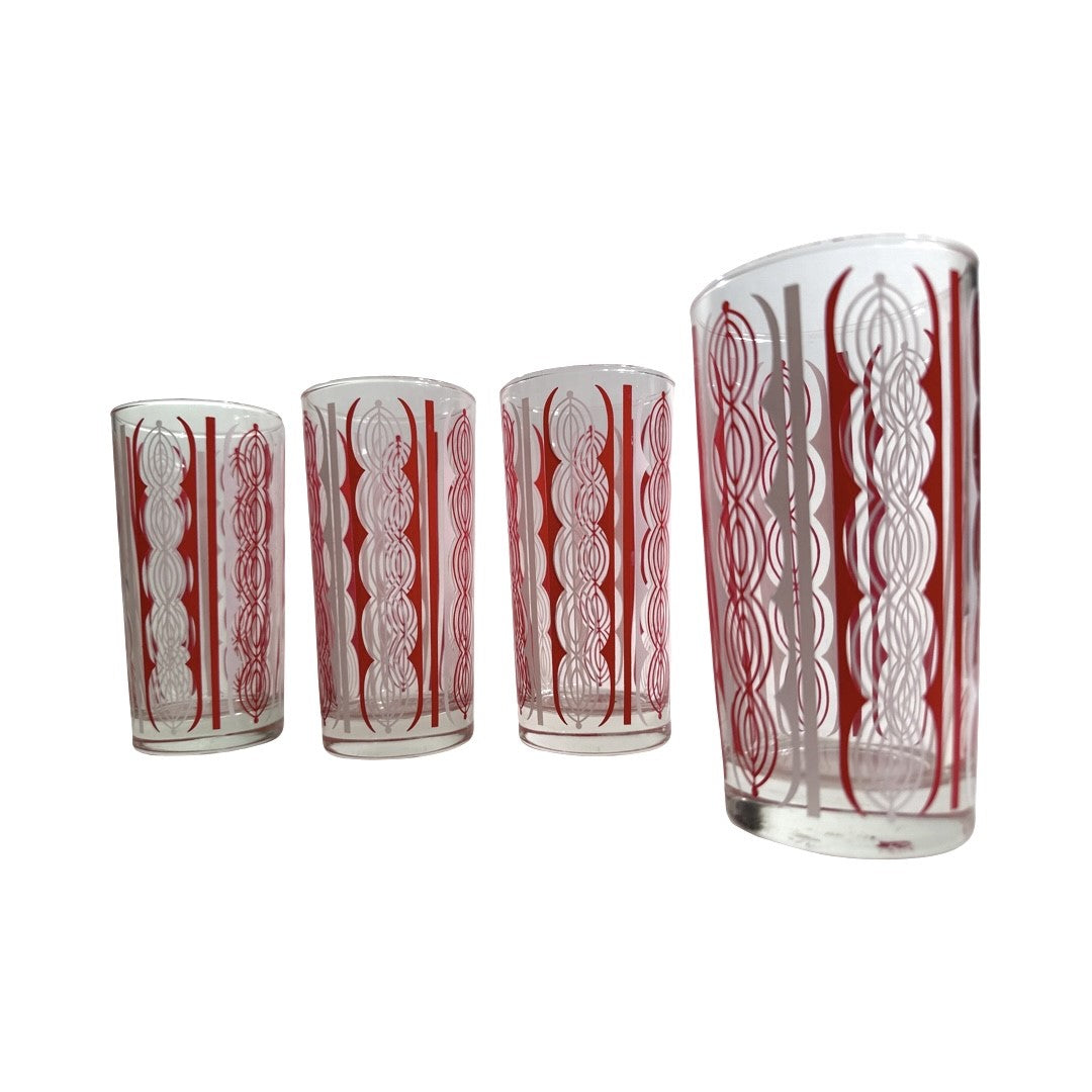 Libbey Glassware Mid-Century Totem Red and White Geometric Glasses (Set of 4)