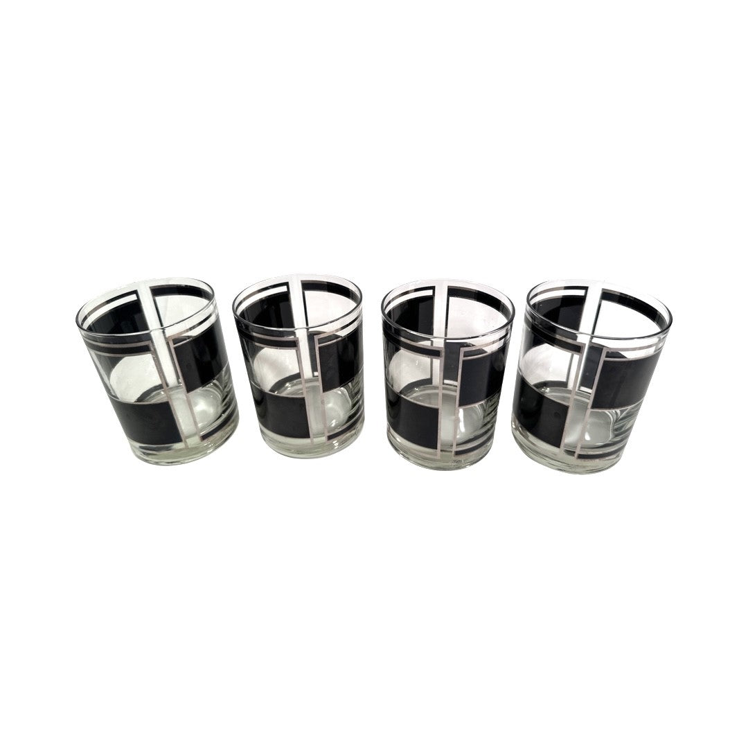 Georges Briard Signed Mid-Century Silver and Black Square Double Old Fashion Glasses (Set of 4)