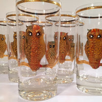 Load image into Gallery viewer, Culver Signed 22-Karat Gold Retro Owl Glasses - Tall (Set of 7)
