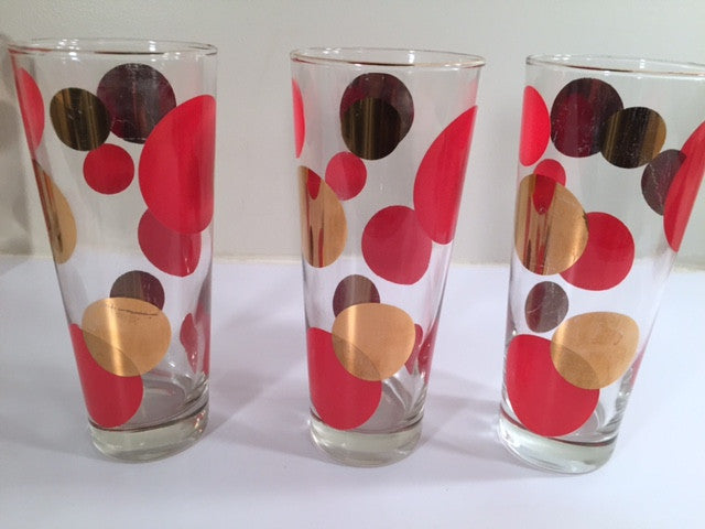 Russel Wright Mid-Century Bright Red & 22-Karat Gold Eclipse Tall Collins Glasses (Set of 6)