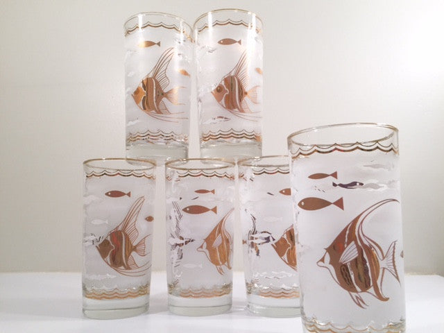Libbey - Mid-Century White & 22-Karat Gold Angel Fish & Seahorse Glasses (Set of 6)