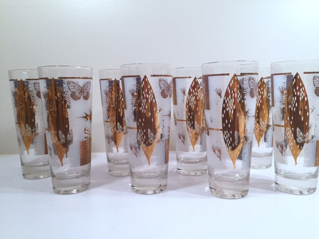 Federal - Mid-Century Frosted 22-Karat Golden Foliage Tall Collins Glasses (Set 8)