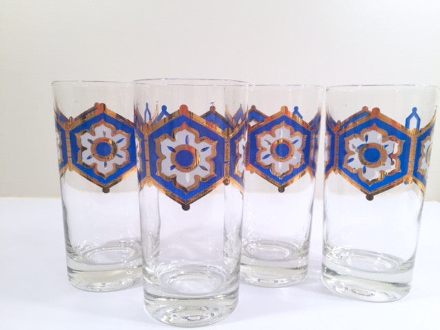 Libbey - Mid-Century Blue and 22-Karat Gold Star/Snowflake Glasses (Set of 4)