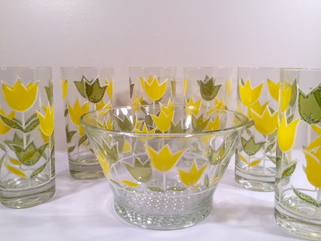 Culver Signed Mid-Century Yellow and Green Tulip Set (6 Glasses and Ice Container)