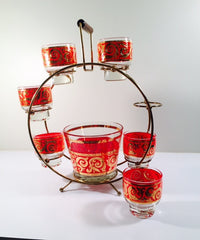 Load image into Gallery viewer, Culver - Mid-Century 22-Karat Gold &amp; Red Paisley Ferris Wheel Drink Set (6 glasses, Ice Container, Carrier)
