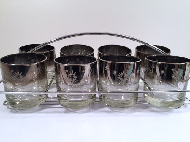 Vitreon Queens Luster - Mid-Century Atomic Bar Set with Carrier (8 Low-Ball Glasses, Carrier & Original Box)