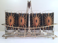 Load image into Gallery viewer, Fred Press - Signed Mid-Century Celestial/Atomic Burst 22-Karat Gold &amp; Black Glasses (Set of 8 with Carrier)

