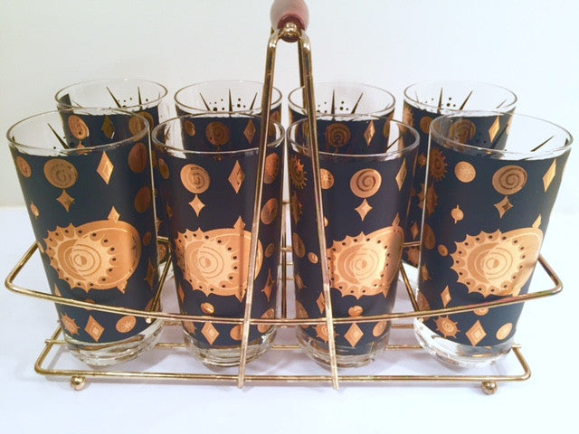 Fred Press - Signed Mid-Century Celestial/Atomic Burst 22-Karat Gold & Black Glasses (Set of 8 with Carrier)