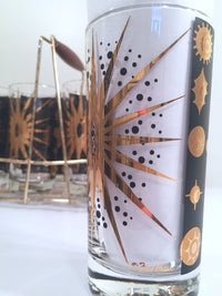 Load image into Gallery viewer, Fred Press - Signed Mid-Century Celestial/Atomic Burst 22-Karat Gold &amp; Black Glasses (Set of 8 with Carrier)
