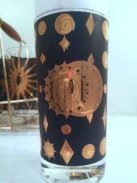 Load image into Gallery viewer, Fred Press - Signed Mid-Century Celestial/Atomic Burst 22-Karat Gold &amp; Black Glasses (Set of 8 with Carrier)
