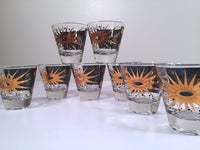 Load image into Gallery viewer, Fred Press - Signed Mid-Century Celestial/Atomic Burst 22-Karat Gold &amp; Black Double-Shot/Whiskey Glasses (Set of 8)
