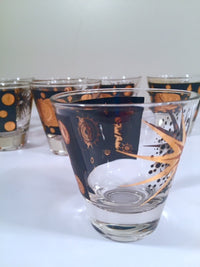 Load image into Gallery viewer, Fred Press - Signed Mid-Century Celestial/Atomic Burst 22-Karat Gold &amp; Black Double-Shot/Whiskey Glasses (Set of 8)
