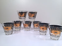 Load image into Gallery viewer, Fred Press - Signed Mid-Century Celestial/Atomic Burst 22-Karat Gold &amp; Black Double-Shot/Whiskey Glasses (Set of 8)
