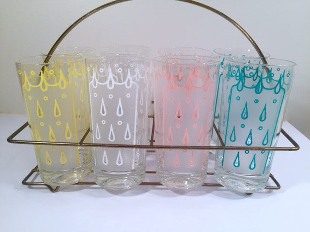 Fred Press - Signed Mid-Century Raindrop Bar Set (8 glasses and Carrier)