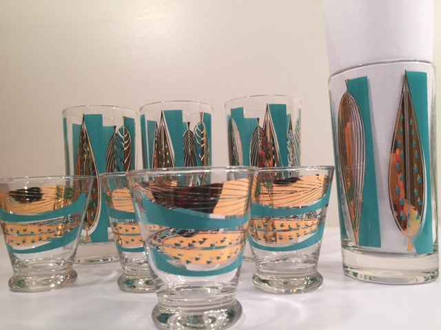 Fred Press Signed Mid-Century 22-Karat Gold & Blue Leaf Tall and Whiskey Glasses (Set of 4 tall glasses & 4 whiskey glasses)