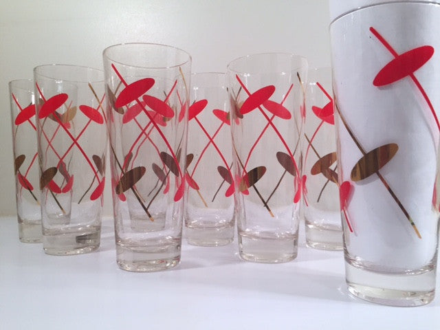 Federal Glass Rhythm Mid-Century Red and 22-Karat Gold Atomic Collins Glasses (Set of 8)